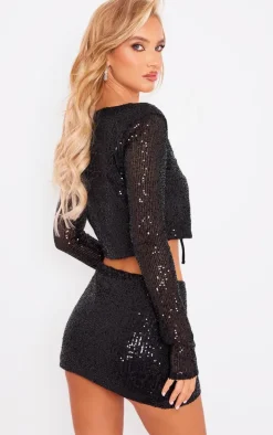 Black Flat Sequin Tie Front Long Sleeve Cardigan Top