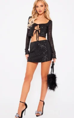 Black Flat Sequin Tie Front Long Sleeve Cardigan Top