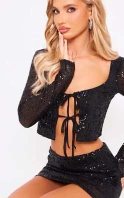 Black Flat Sequin Tie Front Long Sleeve Cardigan Top