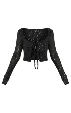 Black Flat Sequin Tie Front Long Sleeve Cardigan Top