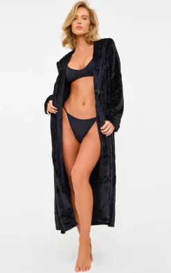 Black Fleece Hooded Maxi Bath Robe