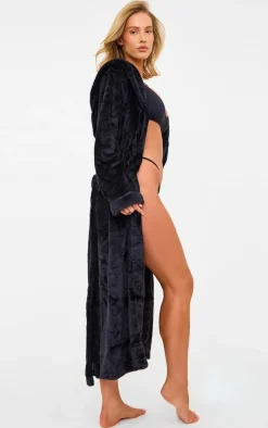 Black Fleece Hooded Maxi Bath Robe