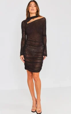 Black Flocked Mesh High Neck Cut Out Ruched Bodycon Dress