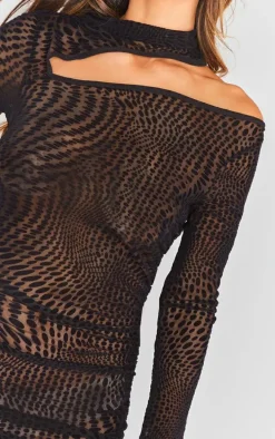 Black Flocked Mesh High Neck Cut Out Ruched Bodycon Dress