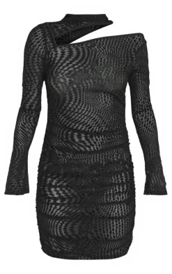 Black Flocked Mesh High Neck Cut Out Ruched Bodycon Dress