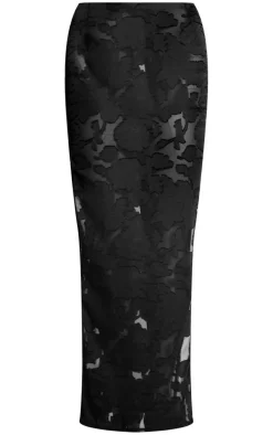 Black Floral Applique Low Rise Maxi Skirt