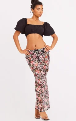 Black Floral Applique Sheer Maxi Skirt