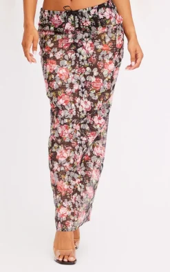 Black Floral Applique Sheer Maxi Skirt