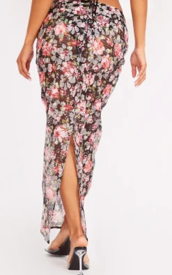 Black Floral Applique Sheer Maxi Skirt