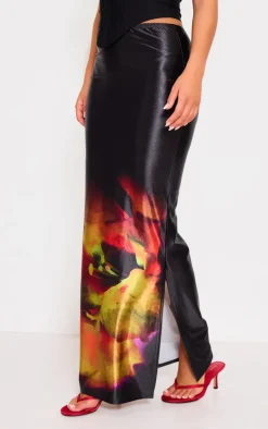 Black Floral Blur Print Stretch Satin Maxi Skirt