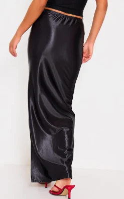 Black Floral Blur Print Stretch Satin Maxi Skirt