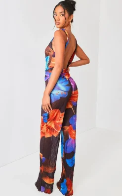 Black Floral Crushed Mesh Cowl Backless Jumpsuit
