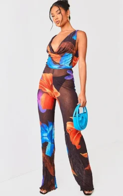 Black Floral Crushed Mesh Cowl Backless Jumpsuit