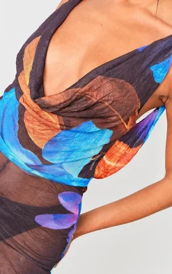 Black Floral Crushed Mesh Cowl Backless Jumpsuit