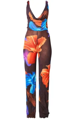 Black Floral Crushed Mesh Cowl Backless Jumpsuit