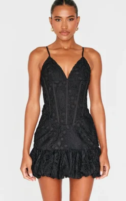 Black Floral Cup Detail Extreme Puff Ball Hem Mini Dress