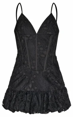 Black Floral Cup Detail Extreme Puff Ball Hem Mini Dress