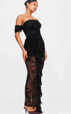 Black Floral Devore Corset Bardot Ruched Frill Maxi Dress