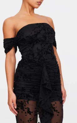 Black Floral Devore Corset Bardot Ruched Frill Maxi Dress