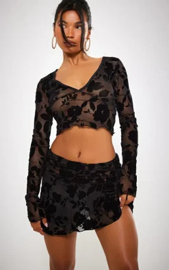 Black Floral Devore Mid Rise Skater Skirt