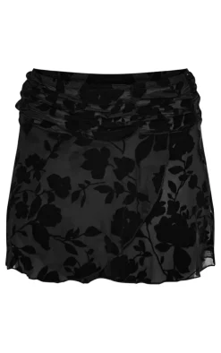 Black Floral Devore Mid Rise Skater Skirt