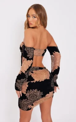 Black Floral Devore Tie Front Hanky Hem Long Sleeve Top