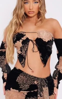 Black Floral Devore Tie Front Hanky Hem Long Sleeve Top