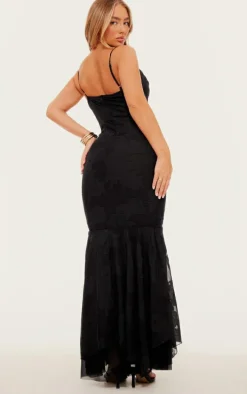 Black Floral Devoure Cowl Neck Frill Hem Maxi Dress