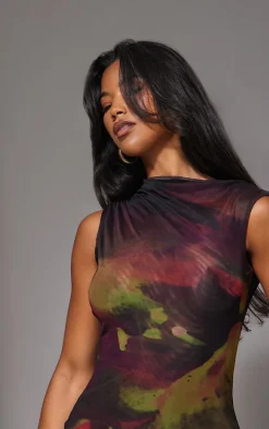 Black Floral Double Layer Printed Mesh Bodycon Dress