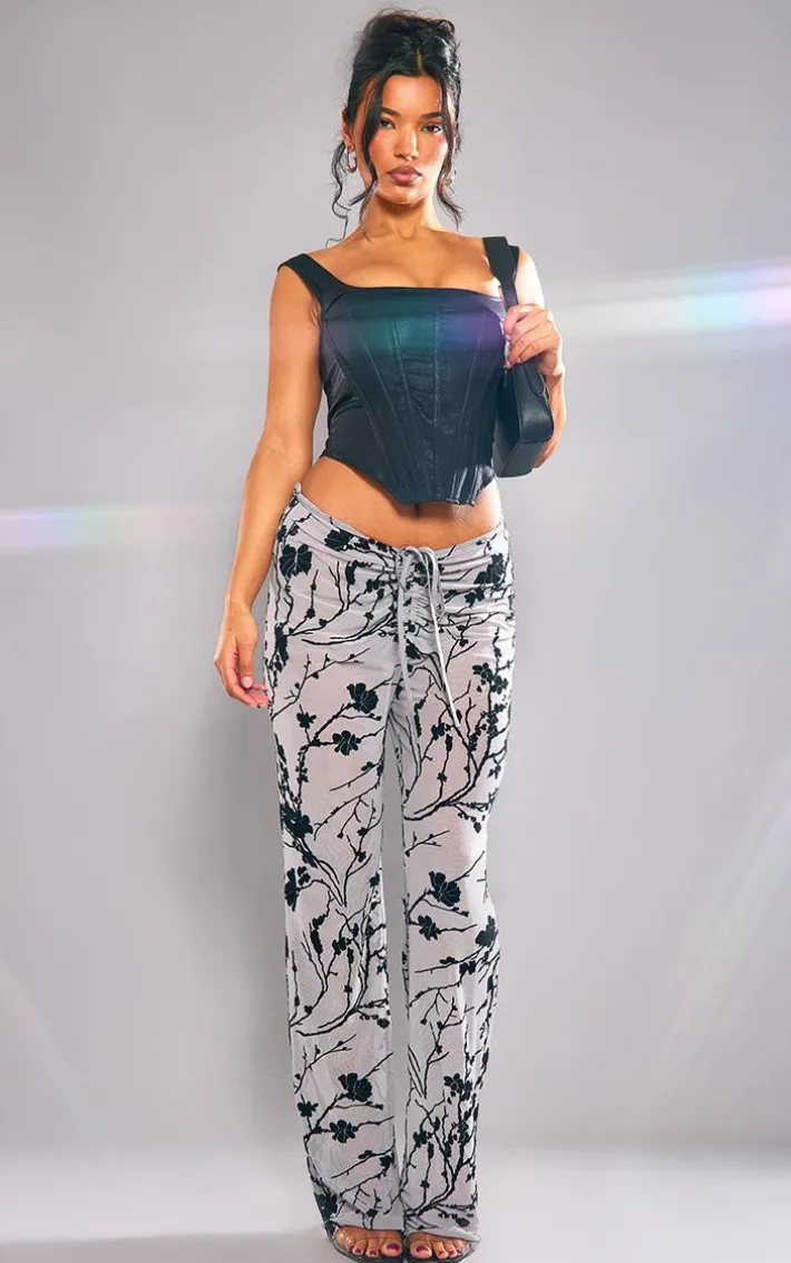 Black Floral Flocked Mesh Ruched Front Pants