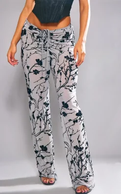 Black Floral Flocked Mesh Ruched Front Pants