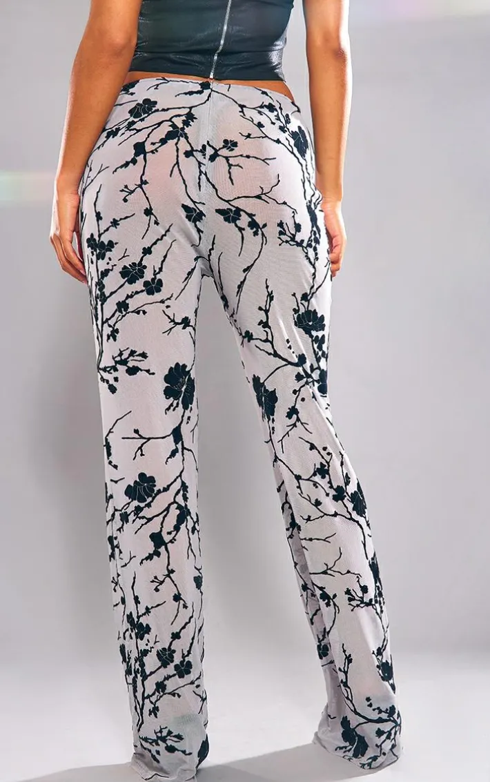 Black Floral Flocked Mesh Ruched Front Pants