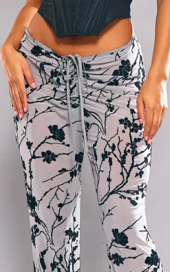 Black Floral Flocked Mesh Ruched Front Pants