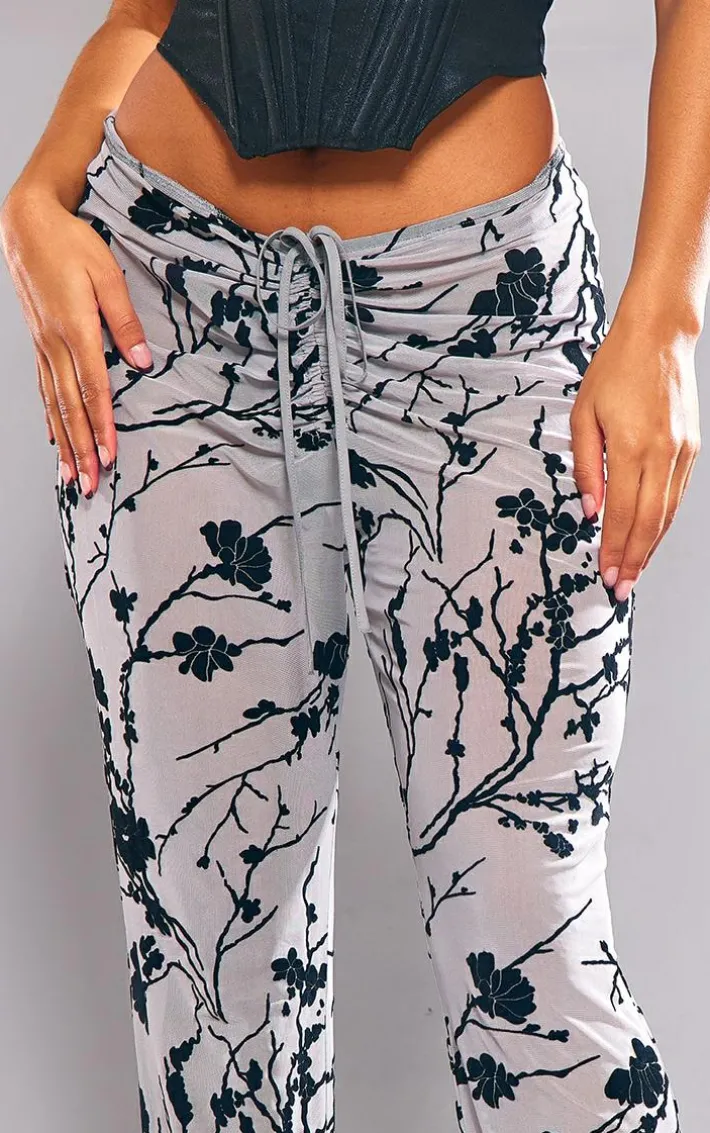 Black Floral Flocked Mesh Ruched Front Pants