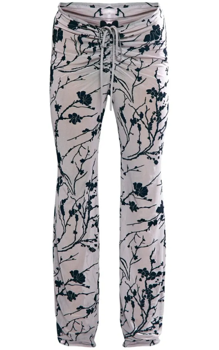 Black Floral Flocked Mesh Ruched Front Pants