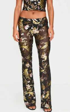 Black Floral Foil Printed Mesh Flare Pants