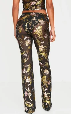 Black Floral Foil Printed Mesh Flare Pants