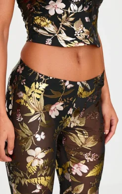 Black Floral Foil Printed Mesh Flare Pants