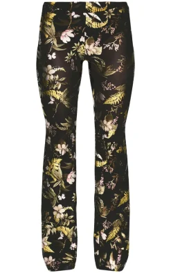 Black Floral Foil Printed Mesh Flare Pants