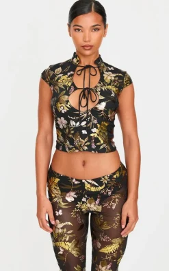 Black Floral Foil Printed Mesh Band Collar Crop Top