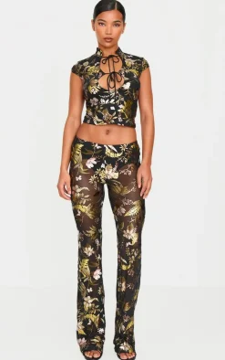 Black Floral Foil Printed Mesh Band Collar Crop Top