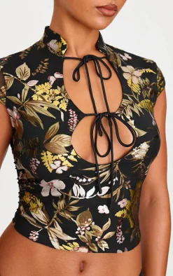 Black Floral Foil Printed Mesh Band Collar Crop Top