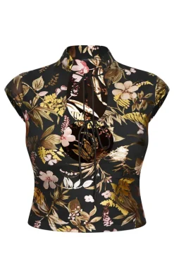 Black Floral Foil Printed Mesh Band Collar Crop Top