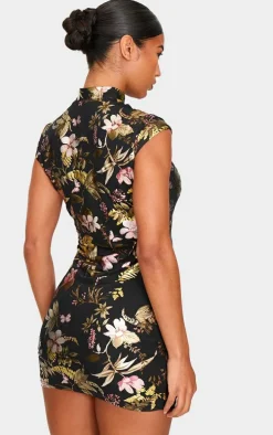 Black Floral Foil Printed Mesh Band Collar Bodycon Dress