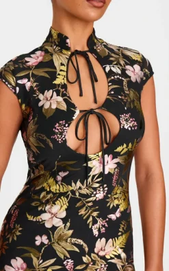 Black Floral Foil Printed Mesh Band Collar Bodycon Dress