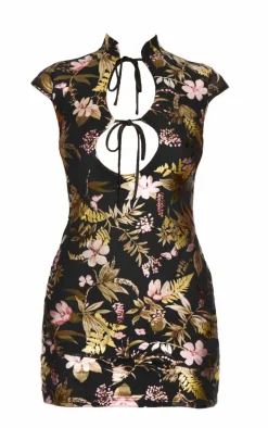 Black Floral Foil Printed Mesh Band Collar Bodycon Dress