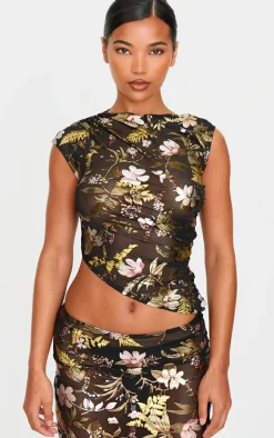 Black Floral Foil Printed Mesh Ruched Crop Top