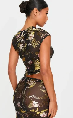 Black Floral Foil Printed Mesh Ruched Crop Top