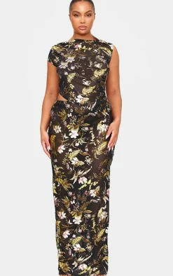 Black Floral Foil Printed Mesh Ruched Crop Top