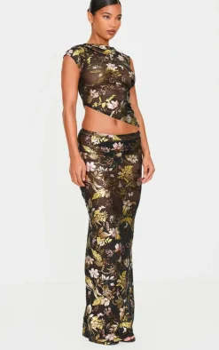 Black Floral Foil Printed Mesh Ruched Crop Top